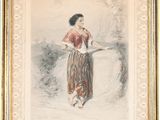 painting of a woman in a red dress holding an umbrella