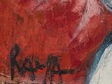 an oil painting of a red hat with the word karma written on it