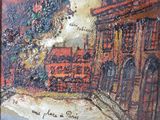 une peinture à l'huile représentant une scène de rue avec des bâtiments et un pont