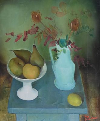 a painting of a blue table with a bowl of fruit and a vase of flowers