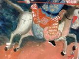 a painting of a man riding a horse with a sword