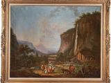an oil painting of a landscape with a waterfall and people