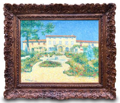 a painting of a house with a garden in front of it