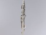 a silver and black clarinet sitting on top of a glass stand