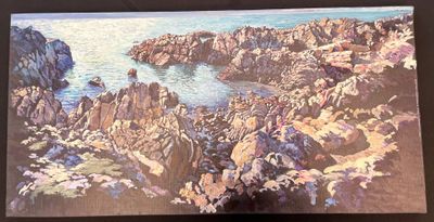 a picture of a painting of a rocky beach
