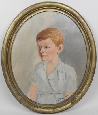 an oil painting of a young boy in a white shirt