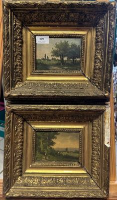 deux tableaux encadrés représentant un paysage, posés sur une étagère dans un magasin