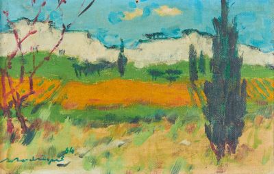 an oil painting of a field with trees and bushes in the foreground