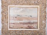une peinture à l'huile représentant une scène de plage avec des bateaux au loin