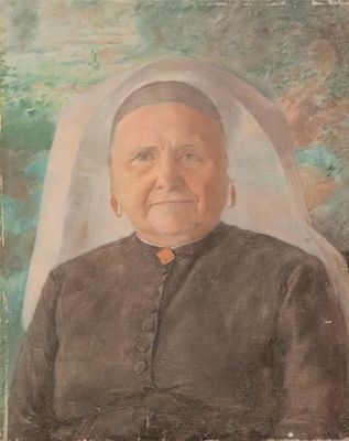 tableau représentant une vieille femme voilée, le sourire aux lèvres
