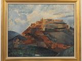 an image of a painting of a castle on top of a hill