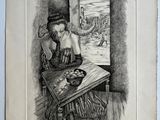 dessin représentant une femme assise à une table devant un bol de fruits