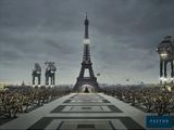 un grand groupe de personnes qui se trouvent devant la Tour Eiffel