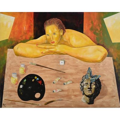 un tableau représentant une femme allongée sur une table, à côté d'un autre tableau