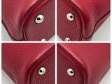 four different pictures of a red purse with eyes on it