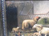 a painting of sheep and chickens in a barn