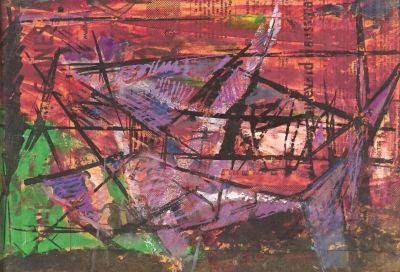 peinture abstraite représentant un bateau sur l'eau, avec un ciel rouge en arrière-plan