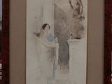 painting of a woman holding a vase in front of a statue