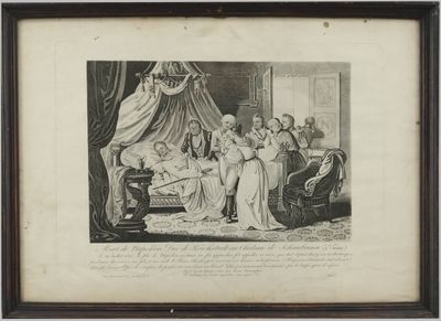 un vieux dessin représentant une femme dans un lit avec deux hommes et une femme
