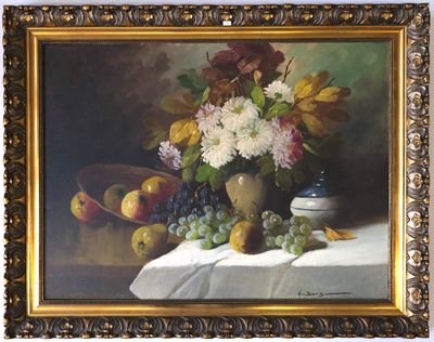 une peinture représentant un vase de fleurs et de fruits sur une table