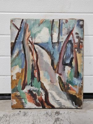 une peinture à l'huile représentant une rue avec des arbres et des bâtiments en arrière-plan