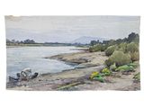 watercolor painting of a boat on a beach near a body of water