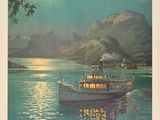 an old poster of a boat on the water with mountains in the background