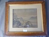 tableau représentant un paysage de montagne, avec une rivière au premier plan et une chaîne de montagnes à l'arrière-plan