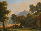 une image représentant un tableau où l'on voit des personnes dans un champ près d'une montagne