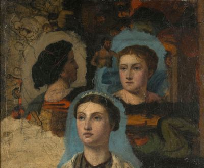 painting of two women in front of a painting of a man and a woman