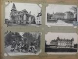 several old black and white photos of a building and people in front of it