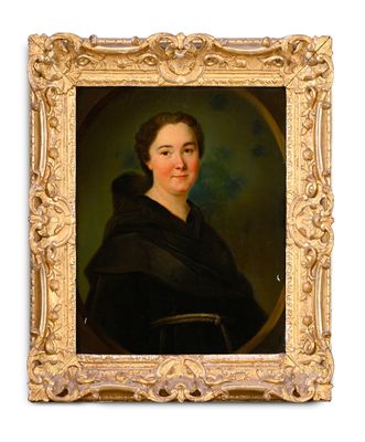 portrait of a woman in a black cloak by a gold frame