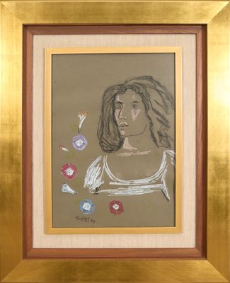 tableau représentant une femme avec des fleurs dans les cheveux, dans un cadre doré