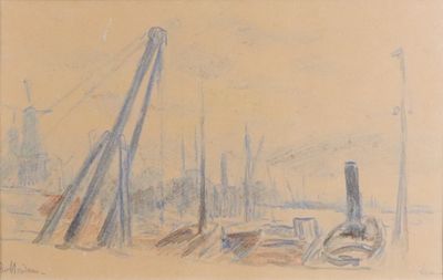 drawing of a boat tied up to a pole in a harbor
