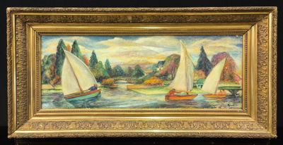 une peinture à l'huile représentant des voiliers sur l'eau, avec des montagnes en arrière-plan