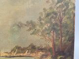 an oil painting of a sailboat on the water near a shore