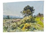 watercolor painting of a landscape with a tree and yellow flowers