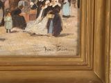 an oil painting of a group of people walking down a street