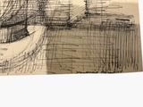 drawing of a boat in a body of water with a bridge in the background