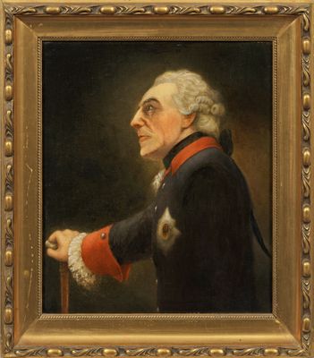 a painting of a man in a red coat holding a cane