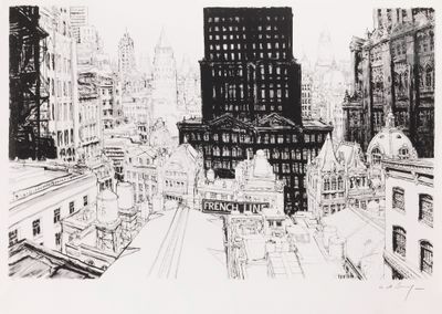 drawing of a view of a city from a high rise building