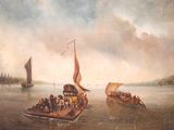 tableau représentant un groupe de personnes à bord d'un bateau sur un plan d'eau