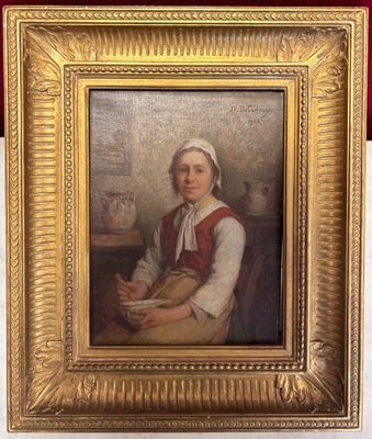 an old painting of a woman holding a bowl of food
