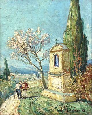 an oil painting of two people walking down a path near a church