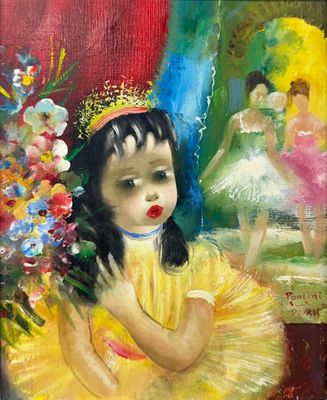 a painting of a little girl holding a bouquet of flowers