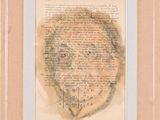 painting of a man ' s face on a piece of paper with writing