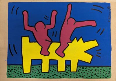 tableau représentant deux personnages assis sur un banc jaune, avec un ciel bleu en arrière-plan