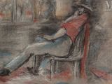 dessin représentant une femme assise sur une chaise, les jambes croisées