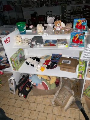 il y a beaucoup de peluches sur les étagères du magasin
