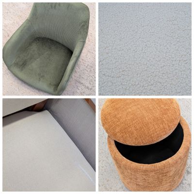 four different images of a chair and ottoman on a carpeted floor